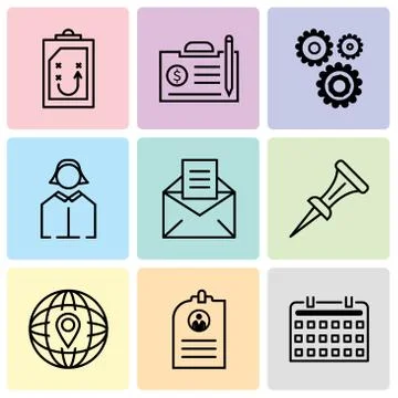 Set Of 9 simple editable icons such as keyboard, CV, location, nail, email, b Stock Illustration