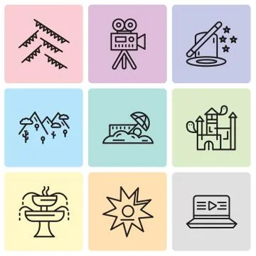 Set Of 9 simple editable icons such as Movie, Walk of fame, Fountain, House,  Stock Illustration