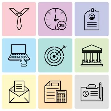 Set Of 9 simple editable icons such as contract, document &amp; calculator, email Stock Illustration