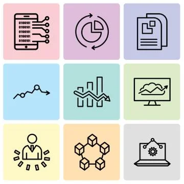Set Of 9 simple editable icons such as Laptop Analysis, Data interconnected,  Stock-Illustration