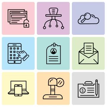 Set Of 9 simple editable icons such as contract, microphone, electronics, ema Stock Illustration