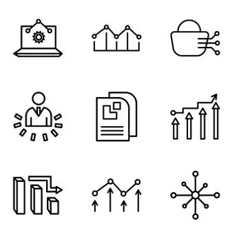 Set Of 9 simple editable icons such as Data analytics wheel, Decreasing chart Stock Illustration