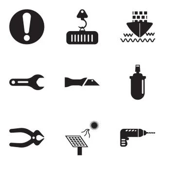 Set Of 9 simple editable icons such as drill, solar battery, nipper, gas can, Stock Illustration