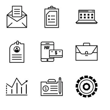 Set Of 9 simple editable icons such as setting, contract, statistic, portfoli Stock Illustration