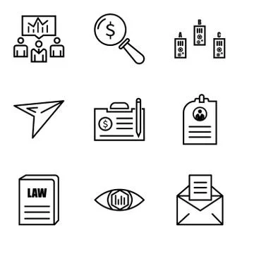 Set Of 9 simple editable icons such as email, analytic view, law book, CV, co Stock Illustration