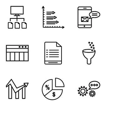 Set Of 9 simple editable icons such as 3d data analytics, Pie chart informati Stock Illustration