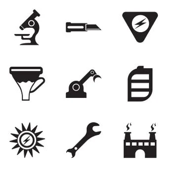 Set Of 9 simple editable icons such as factory, adjustable wrench, Sun Energy Stock Illustration