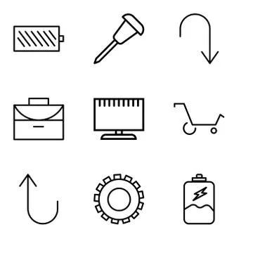 Set Of 9 simple editable icons such as Battery charging, Gear, Cancel button, Stock Illustration
