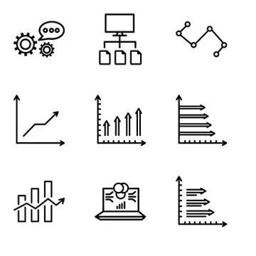 Set Of 9 simple editable icons such as Analytics, Laptop data analytics on sc Stock Illustration