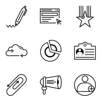 Set Of 9 simple editable icons such as profile, loudspeaker, clip, document,  Stock-Illustration