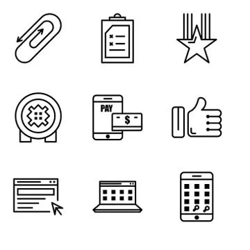 Set Of 9 simple editable icons such as telephone, computer, search, like, pay Stock Illustration