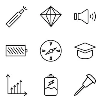 Set Of 9 simple editable icons such as Pushpin, Battery charging, Benefit cha Stock Illustration