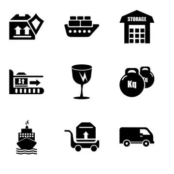 Set Of 9 simple editable icons such as Black delivery small truck side view,  Stock Illustration