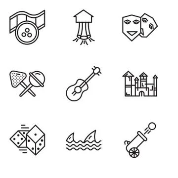 Set Of 9 simple editable icons such as Cannon, Sharks, Dices, Disneyland, Gui Stock Illustration
