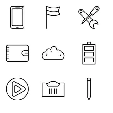 Set Of 9 simple editable icons such as Edit tool, Shopping basket, Play butto Stock Illustration