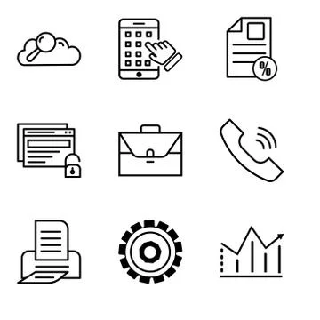 Set Of 9 simple editable icons such as statistic, setting, print, call, portf Stock Illustration
