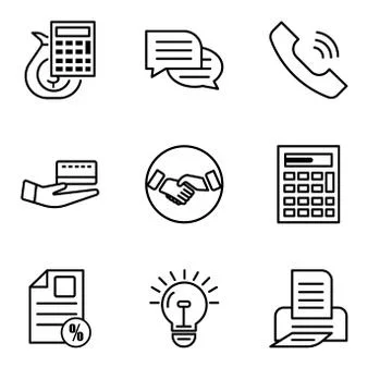 Set Of 9 simple editable icons such as print, bulb, document percent, calcula Stock Illustration