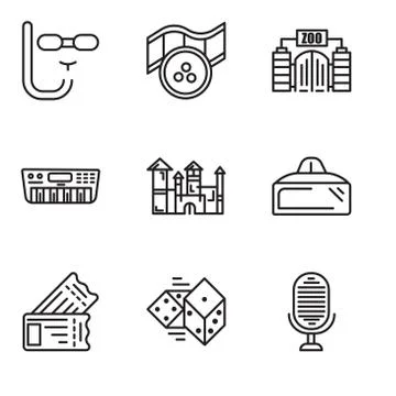Set Of 9 simple editable icons such as Microphone, Dices, Tickets, Vr glasses Stock Illustration