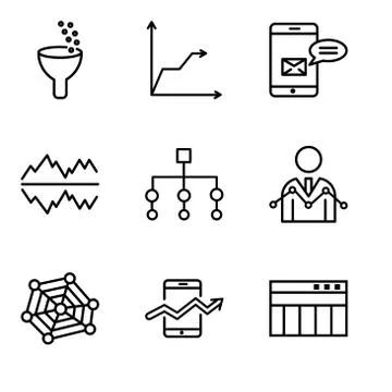 Set Of 9 simple editable icons such as Table for data, Web stocks data, radar Stock Illustration