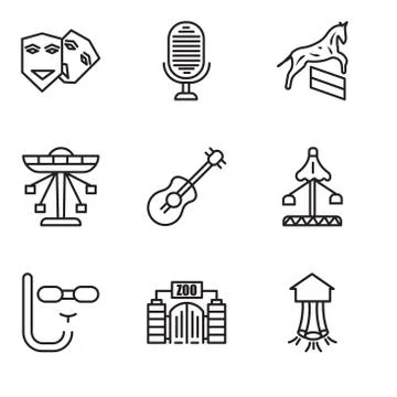 Set Of 9 simple editable icons such as Park, Zoo, Diving mask, Fair, Guitar,  Stock Illustration