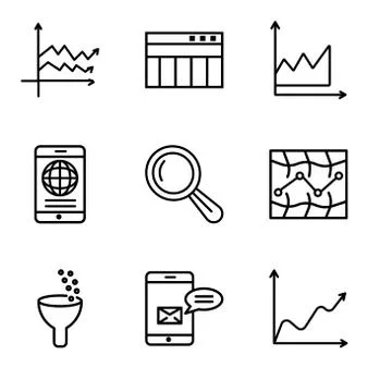 Set Of 9 simple editable icons such as Data wave chart, Data analytics bars,  Illustrazione stock