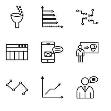 Set Of 9 simple editable icons such as User data speech, Data analytics desce Illustrazione stock