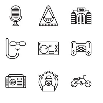 Set Of 9 simple editable icons such as Bike, Monkey, Radio, Playstation, Coffee Stock Illustration