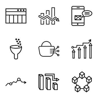Set Of 9 simple editable icons such as Data interconnected, 3d data analytics Stock Illustration