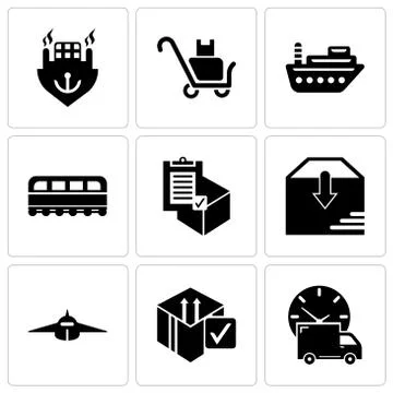 Set Of 9 simple editable icons such as Logistics delivery truck and clock Stock Illustration