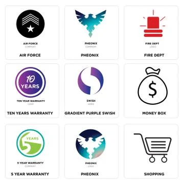 Set Of 9 simple editable icons such as Shopping, Pheonix, 5 year warranty Free Stock Illustration