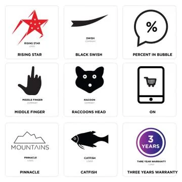 Set Of 9 simple editable icons such as three years warranty, catfish, pinnacl Free Stock Illustration