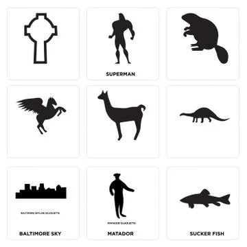 Set Of 9 simple editable icons such as sucker fish, matador, baltimore sky Grats Stockgrafik