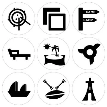 Set Of 9 simple editable icons such as Eiffel tower, Canoe, Sailboat Sailing Free Stock Illustration