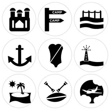 Set Of 9 simple editable icons such as Plane, Canoe, Beach Sunset Free Stock Illustration
