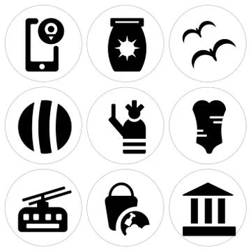 Set Of 9 simple editable icons such as Parthenon, Sand Bucket, Cable car Free Stock Illustration