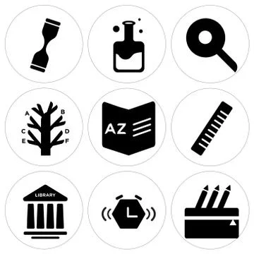 Set Of 9 simple editable icons such as Pencil case, Alarm clock, Library 免费库存插图