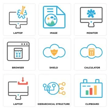 Set Of 9 simple editable icons such as Clipboard, Hierarchical structure, Lap Illustrazione stock gratuita