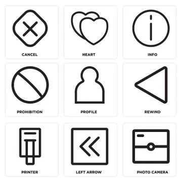 Set Of 9 simple editable icons such as Photo camera, Left arrow, Printer 免费库存插图