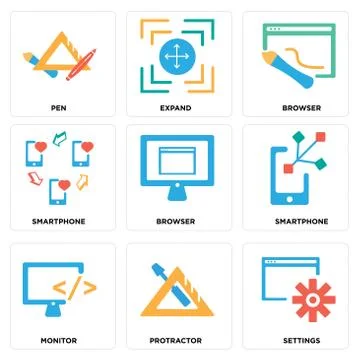 Set Of 9 simple editable icons such as Settings, Protractor, Monitor Illustrazione stock gratuita