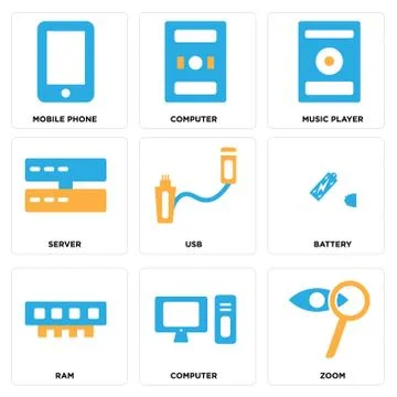 Set Of 9 simple editable icons such as Zoom, Computer, Ram Free Stock Illustration
