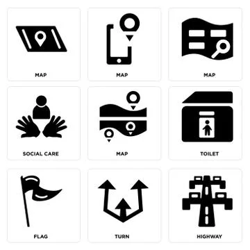 Set Of 9 simple editable icons such as Highway, Turn, Flag Free Stock Illustration