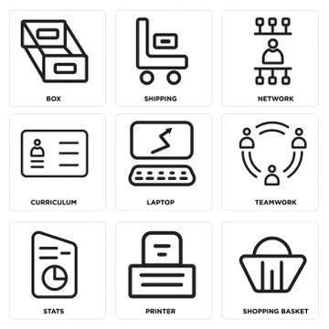 Set Of 9 simple editable icons such as Shopping basket, Printer, Stats Free Stock Illustration
