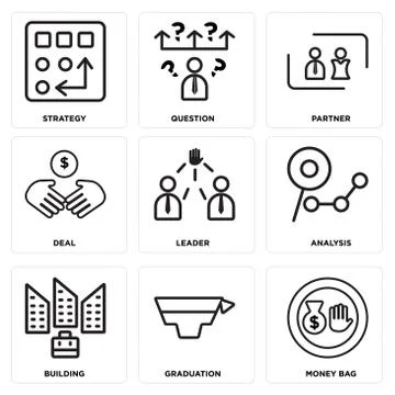 Set Of 9 simple editable icons such as Money bag, Graduation, Building Selección de ilustraciones gratis