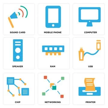 Set Of 9 simple editable icons such as Printer, Networking, Chip Free Stock Illustration