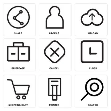 Set Of 9 simple editable icons such as Search, Printer, Shopping cart 無料イラスト素材
