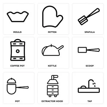 Set Of 9 simple editable icons such as Tap, Extractor hood, Pot Free Stock Illustration