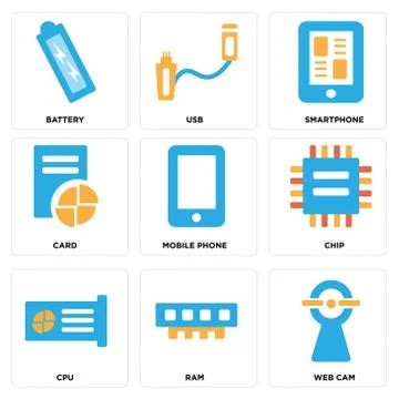 Set Of 9 simple editable icons such as Web cam, Ram, Cpu Free Stock Illustration