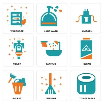 Set Of 9 simple editable icons such as Toilet paper, Dustpan, Bucket Free Stock Illustration