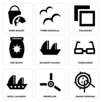 Set Of 9 simple editable icons such as Radar Working, Propeller, Small Sailbo Grats Stockgrafik