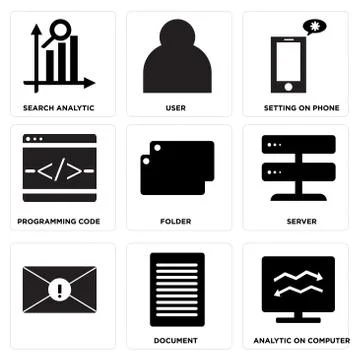 Set Of 9 simple editable icons such as Analytic on computer, Document, Illustrazione stock gratuita